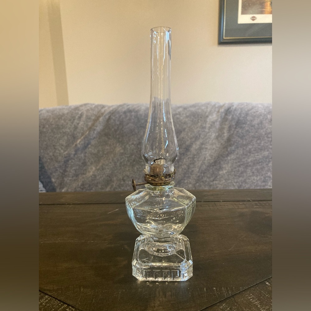 Antique Greek Key Clear Glass Mini Oil Lamp